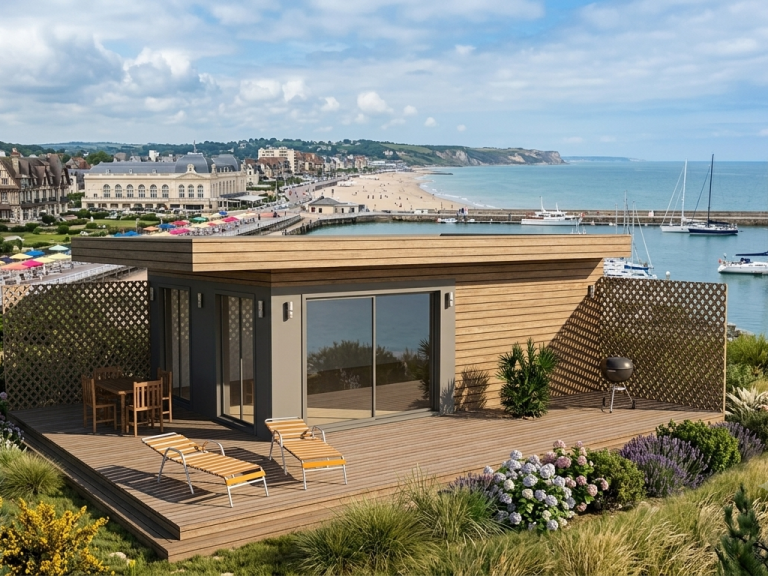 Maison moderne avec panneaux solaires sur le toit et terrasse verdoyante.