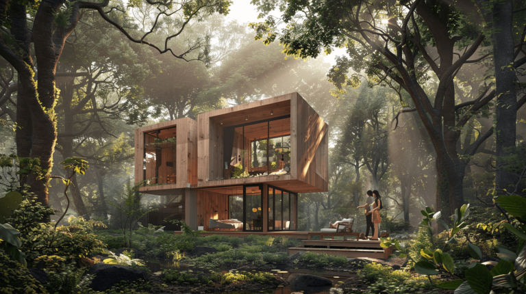 Maison moderne en bois au milieu d'une forêt luxuriante, baignée de lumière naturelle.