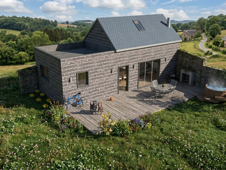 Bâtiment moderne en bois avec un parking pour voiture et jardin en gravier.