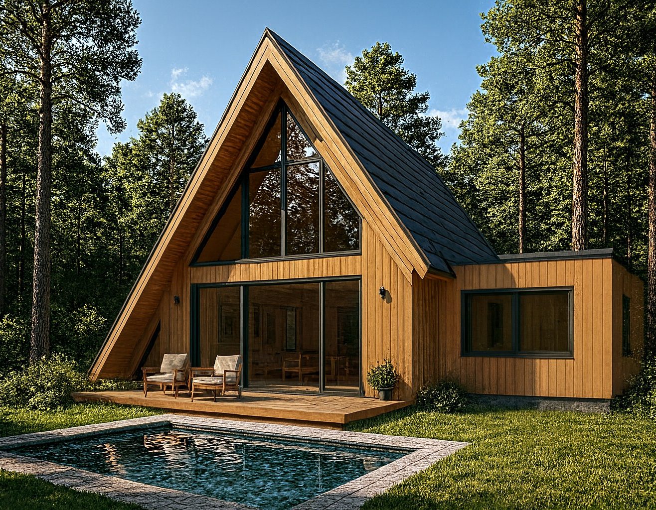 Maison moderne avec toit en pente, grandes fenêtres et jardin verdoyant.