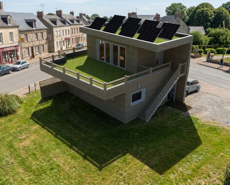 Maison moderne avec toit végétal et panneaux solaires. Escalier extérieur visible.