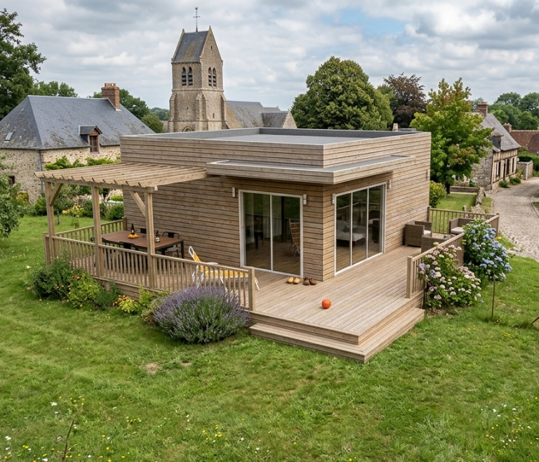 Maison en bois de style chalet, entourée d'arbres, sur une pelouse verte sous un ciel nuageux.