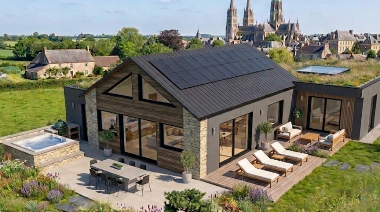 Maison moderne en bois avec terrasse, jardin et spa, entourée de verdure.