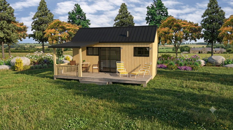 Maison moderne en bois avec terrasse, jardin et spa, entourée de verdure.
