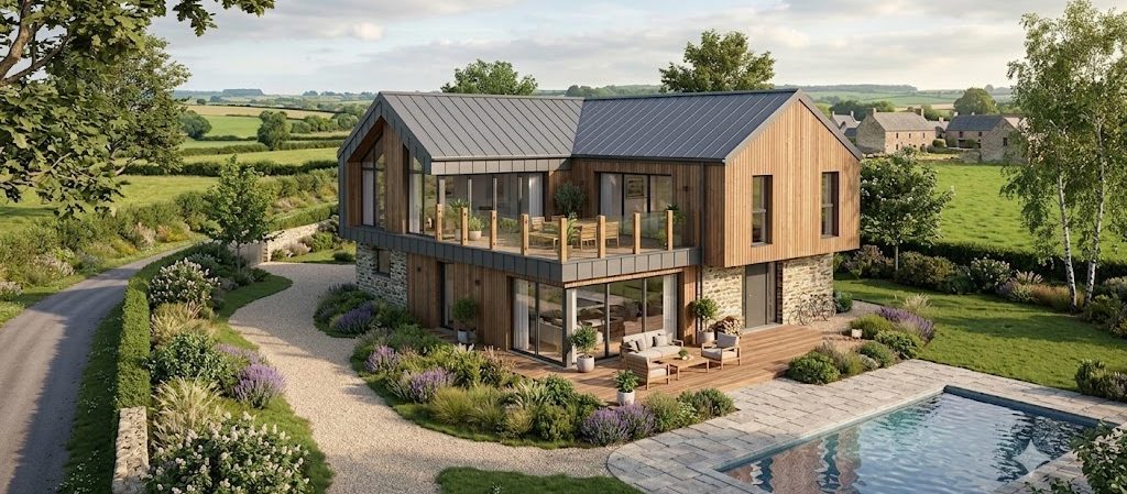 Maison moderne en bois et verre avec balcon et terrasse, entourée de verdure.