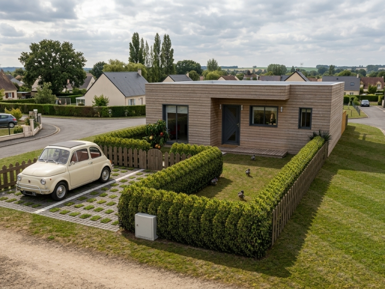 Maison moderne avec panneaux solaires sur le toit et terrasse verdoyante.