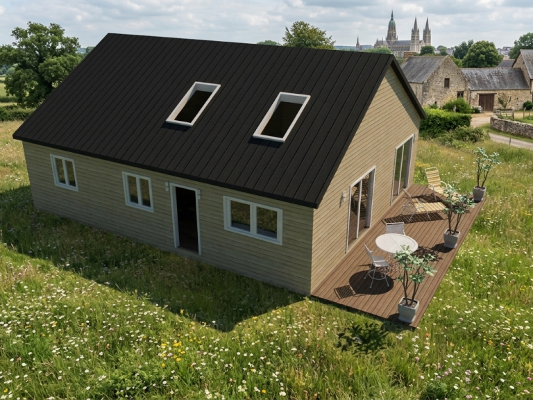 Maison en bois de style chalet, entourée d'arbres, sur une pelouse verte sous un ciel nuageux.
